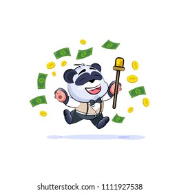 Vector isolated Emoji character cartoon happy wealth riches in business suit panda cub bamboo bear Chinese symbol sticker emoticon jump joy money celebrate profit dollar earning income salary motion