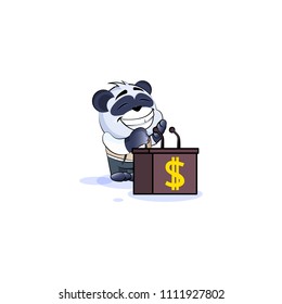 Vector isolated Emoji character cartoon wealth riches business suit panda cub bamboo bear Chinese symbol sticker emoticon training presentation orator speaker behind podium money profit dollar earning
