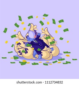 Vector isolated Emoji character cartoon wealth riches dragon cub reptile Creeper reptilian in business suit sticker emoticon lies happy on bags money celebrates profits dollars earnings income salary