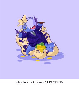 Vector isolated Emoji character cartoon wealth riches dragon cub reptile Creeper reptilian in business suit sticker emoticon lies happy on bags money celebrates profits dollars earnings income salary