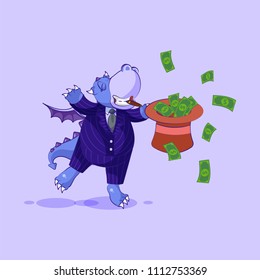 Vector isolated Emoji character cartoon in business suit wealth riches dragon cub reptile Creeper reptilian sticker emoticon jumping for joy with hat of money celebrate profit dollar earning income