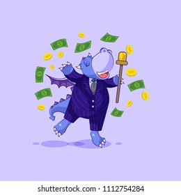 Vector isolated Emoji character cartoon happy wealth riches in business suit dragon cub reptile Creeper reptilian sticker emoticon jump joy money celebrate profit dollar earning income salary motion