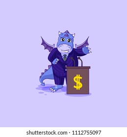Vector isolated Emoji character cartoon wealth riches business suit dragon cub reptile Creeper reptilian sticker emoticon training presentation orator speaker behind podium money profit dollar earning
