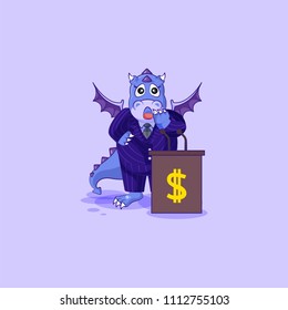 Vector isolated Emoji character cartoon wealth riches business suit dragon cub reptile Creeper reptilian sticker emoticon training presentation orator speaker behind podium money profit dollar earning