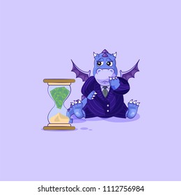 Vector isolated Emoji character cartoon businessman sad dragon cub reptile Creeper reptilian in business suit sticker emoticon sits at hourglass money goes as sand losses cost spending expense charges