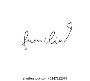 Vector isolated english text word Familia with heart symbol line hand drawn tattoo, cloths print, decoration
