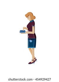 Vector isolated European woman with orange hair in denim skirt in profile, purchases via mobile phone, phone in hand, touches screen side view, Order by cellphone, type sms in flat style