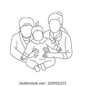 Vector isolated faceless family portrait father mother little baby daughter colorless black   white contour line easy drawing