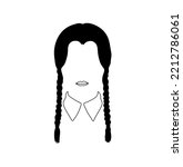 Vector isolated faceless portrait of  girl with two long black pigtail braids and collar colorless black and white contour line easy drawing