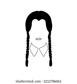 Vector isolated faceless portrait  girl and two long black pigtail braids   collar colorless black   white contour line easy drawing