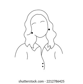 Vector isolated faceless portrait of a woman in shirt with earrings colorless black and white contour line easy drawing