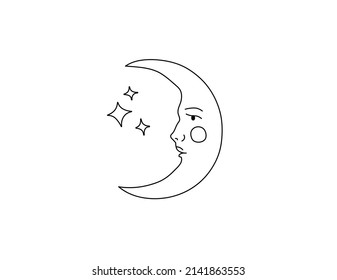 Vector Isolated Fairy Tale Crescent With A Face Colorless Black And White Contour Line Doodle Drawing