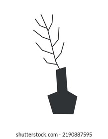 Vector isolated fall illustration with Scandinavian home decoration - black vase with branch without leaf. Geometric symbol of autumn time. Decorative minimalistic object on white background