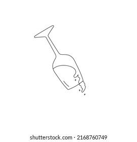 Vector isolated falling overturned glass of wine with splashing vine colorless black and white contour line drawing