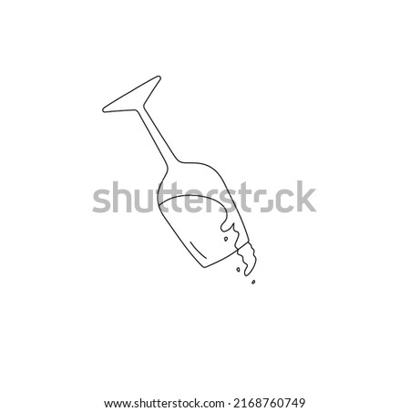 Vector isolated falling overturned glass of wine with splashing vine colorless black and white contour line drawing