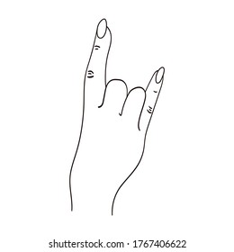 Vector isolated female hands. Rock and roll hand gesture symbol in line style isolated on white background. Three fingers up. A popular hand gesture.