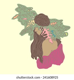 Vector isolated female image in a natural wreath,  with outline