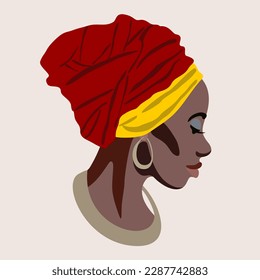 Vector isolated female profile. Portrait of beautiful african woman in turban, golden earring and thick necklace.