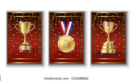 Vector isolated festive poster collection with 3d realistic winner trophy and golden medal number one. With lots of shine and sparkles on luxury red background.