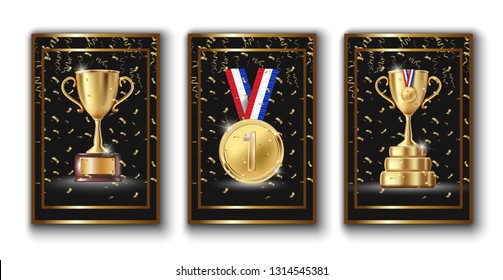 Vector isolated festive poster collection with 3d winner trophy and golden medal number one. With lots of shine and sparkles on black background.