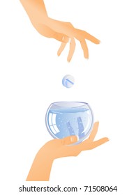 Vector isolated figure. Dissolution of the tablets in a glass of water. Hand holds the glass. Another throws tablet.