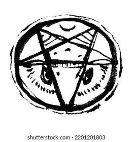 Vector Isolated File With Pentagram. Pentacle - Brush Stroke Vintage Art. Satan Star Moon.