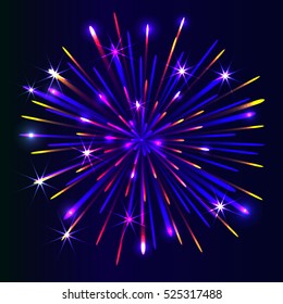 Vector isolated firework on dark background. Isolated glowing salute, burst, light, effects. Shining elements and stars bg. Holiday firework. Diwali performance.