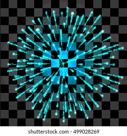 Vector isolated firework on transparent background. Isolated glowing salute, burst, light, effects. Shining elements and stars bg. Holiday golden firework.