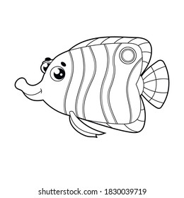 Vector isolated fish on the white background. Colorless outline element for a children coloring page.