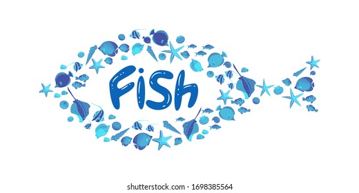 Vector isolated fish-frame consisting of fish, seashells, sea stars and word Fish.Vector monochrome illustration can be used as logo, card etc.