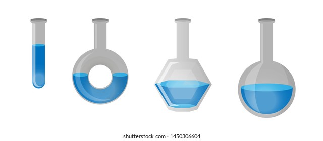 Vector isolated flasks with blue substance, chemical glassware for reagents