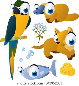 vector isolated flat animals collection set: australian: macaw, platypus, dingo, fish