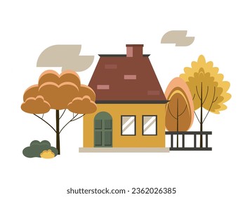 Vector isolated flat autumn house on white background. Brown house with trees. Fall.