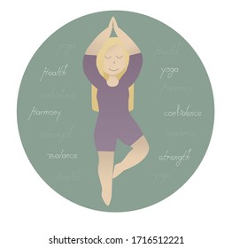 Vector isolated flat cartoon doing yoga blonde girl on green circle background