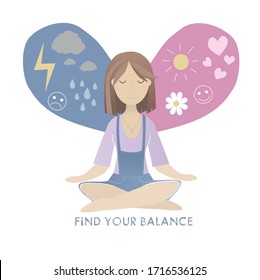 Vector isolated flat cartoon girl in lotus yoga pose meditating, dealing with bipolar disorder, finding balance