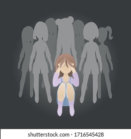 Vector isolated flat cartoon girl sitting in tears, dealing with mental disorder and socialization problems, with many people silhouettes on background