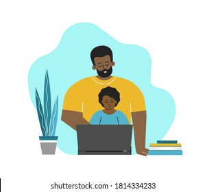 Vector isolated flat concept about domestic online education. African American father and little kid are sitting with laptop and books. Making homework together and communication. Home schooling