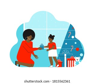 Vector isolated flat concept about winter holidays. Happy african american woman gives gift to cute little girl. Mother sits near daughter. Home is decorated with present boxes and Christmas Tree