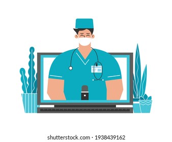 Vector isolated flat concept about healthcare. Online consultation by doctor via video call on computer. Caucasian man dressed in medical uniform, face mask. Distant medical service by physician