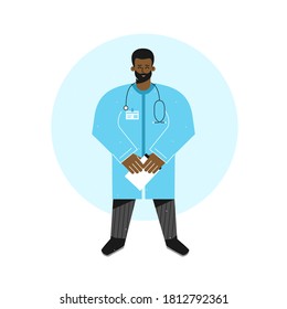 Vector isolated flat concept. African american doctor standing tall and holding documents. Friendly medic (man) is dressed in blue robe and has stethoscope. Professional highly qualified medical care