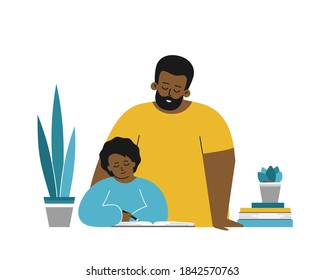 Vector isolated flat concept. African american father and smart daughter learn to write and read words in exercise book. Homeschooling in quarantine time, doing homework with help of parents 
