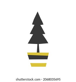Vector isolated flat concept. Black Christmas tree is in pot for plants.  Fir and pine are Christmas and New Year symbol. Geometric shape on white background. Xmas logo