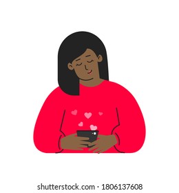 Vector isolated flat concept. Cartoon african american woman writes message on phone using mobile app for online dating. She is young adult and searching partner. Beginning of romantic relationship