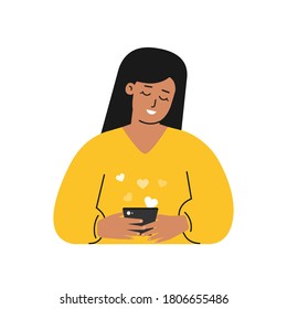 Vector isolated flat concept. Cartoon latin woman writes message on phone using mobile app for online dating. She is young adult and searching partner. Beginning of romantic relationship