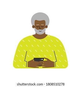 Vector Isolated Flat Concept. Cartoon African American Senior Man Writes A Message On The Phone. Elderly Grandfather Used Modern Gadgets. He Search Woman For Relationship By Mobile Apps. Online Dating