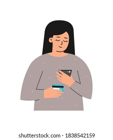 Vector isolated flat concept with caucasian young adult woman. She enters credit card details to orders goods. She uses mobile app of e-commerce marketplace. Online shopping. White background