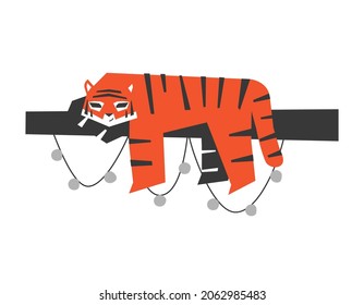 Vector isolated flat concept for Christmas Decoration. Symbol of Chinese New Year 2022 - Year of the Tiger. Siberian tiger sleeps on branch decorated garland. Logo for illustration winter holiday 