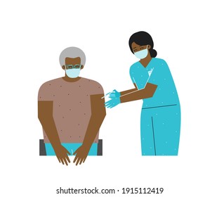 Vector isolated flat concept. Coronavirus (COVID-19) vaccination as immunization against SARS‑CoV‑2. African American nurse (woman) holds syringe, gives antiviral injection with drug to senior man