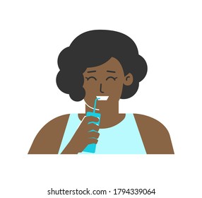 Vector isolated flat concept. Dental daily lifestyle. Cute african american young woman is cleaning teeth by cordless oral water pick (flosser). Hygiene to prevent caries, remove tartar and plaque