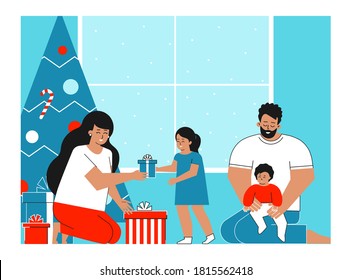 Vector isolated flat concept. Design for winter happy holidays with family. Home is decorated with present boxes and Christmas Tree. Mother is giving gifts to cute children. Father sits with toddler